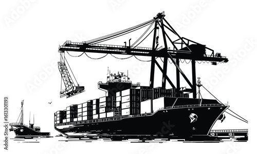 Silhouette Vector Illustration of Cargo Ships and Industrial Port with Cranes, Containers, and Dockyard on White Background