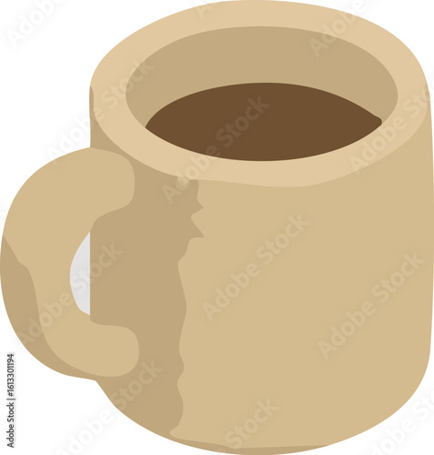 A simple isometric illustration of a beige ceramic mug filled with dark coffee.