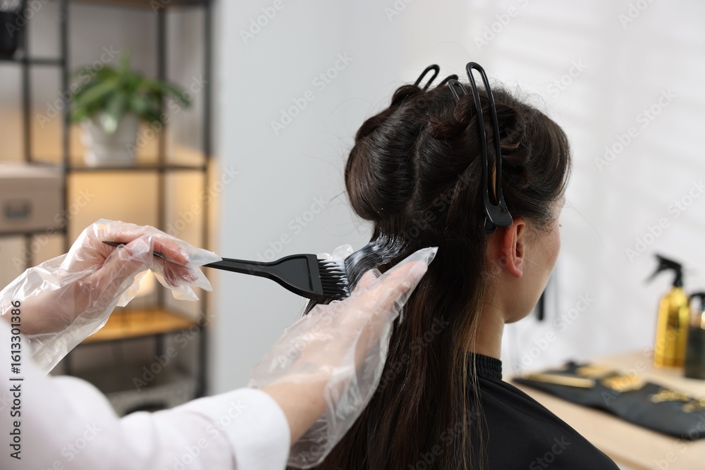 Fototapeta premium Hairdresser dyeing woman's hair in salon, closeup