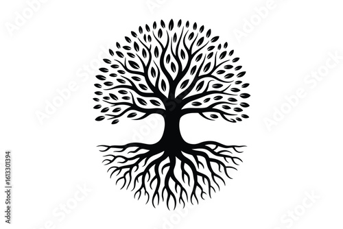 Black and White Tree of Life with Roots and Leaves