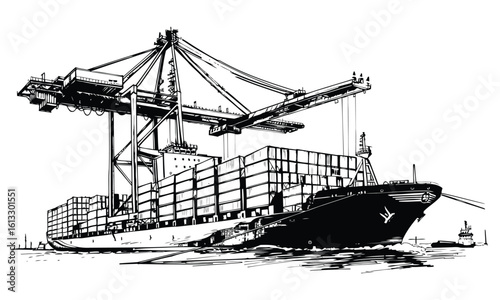Silhouette Vector Illustration of Cargo Ships and Industrial Port with Cranes, Containers, and Dockyard on White Background