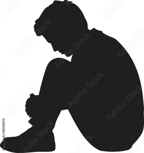Sad and Lonely Person Sitting Silhouette Vector Illustration Isolate on White Background