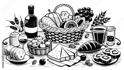 Black and white illustrated still life featuring wine a basket of fresh produce fruits cheese bread and other picnic essentials