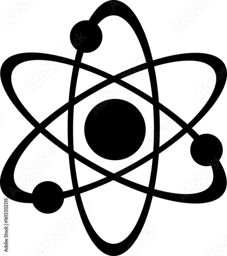 Atom structure icons. Concept of science, quantum physics, atomic structure. Black outlined atoms with orbiting electron around nucleus, isolated on transparent background. Nuclear physics symbol Atom