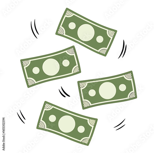 Green Cartoon Money Falling Illustration with Movement Lines Representing Wealth and Prosperity Concepts