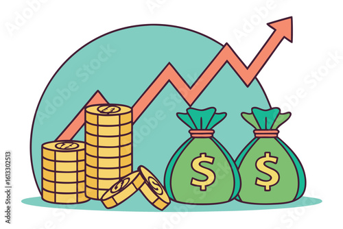 Rising profit shown with coin stacks, money bags, and an upward trending graph