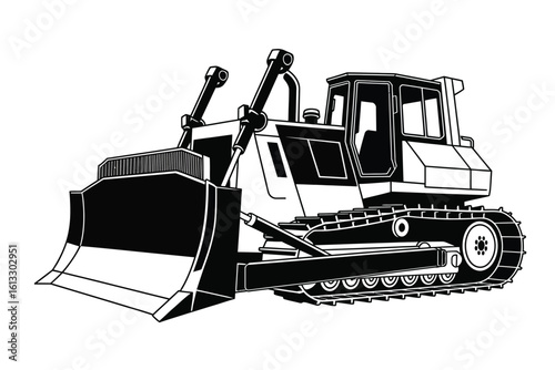 Black and white line drawing of a bulldozer construction vehicle