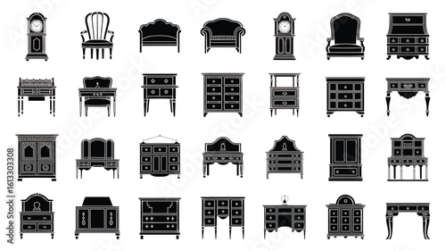 Collection of black silhouette antique furniture icons on white background grandfather clock