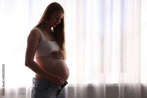Free Download Beautiful pregnant woman near window at home. Space for text - GFXLoad