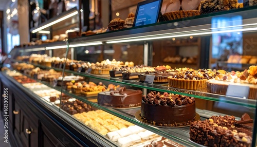 Bakery display case filled with various pastries and cakes