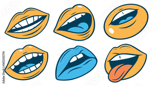 Stylized mouths showing teeth and tongues in various expressions lips