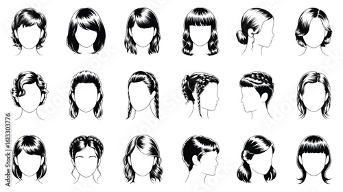 Diverse collection of black and white female hairstyles illustrated woman beauty