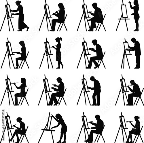 A diverse group of artists painting on canvases, expressing creativity, perfect for art schools, studios, and creative marketing campaigns