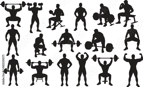 Fitness and gym workout silhouettes. Exercise, training, muscle, bodybuilding vector illustration isolate on white background