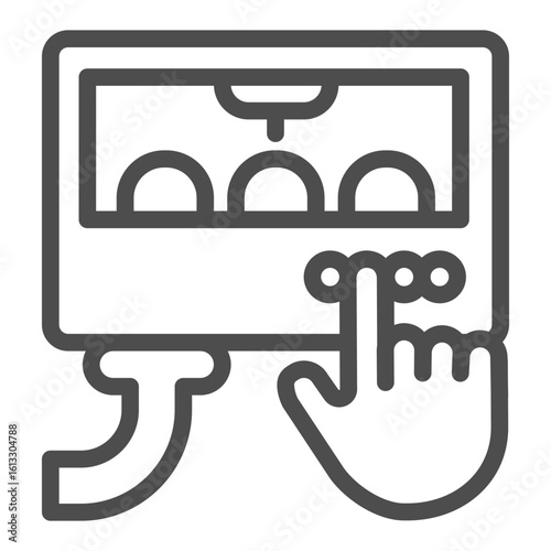 Pastry oven with buttons and hand index finger line icon, manufacture concept, bakery factory sign on white background, outline style icon for mobile and web design. Vector graphics.