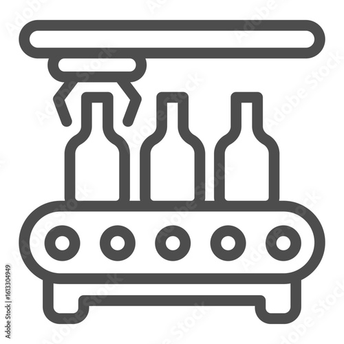 Conveyor with bottles and robotic arm claw line icon, manufacturing concept, factory belt bottling sign on white background, outline style icon for mobile and web design. Vector graphics.
