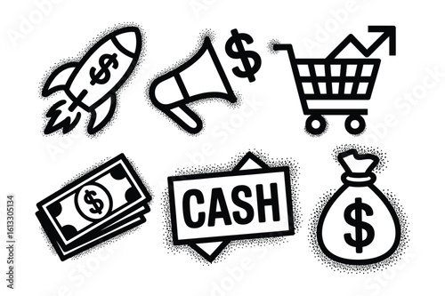 Conceptual illustration of money growth and investments featuring a rocket megaphone shopping cart cash and money bag icons