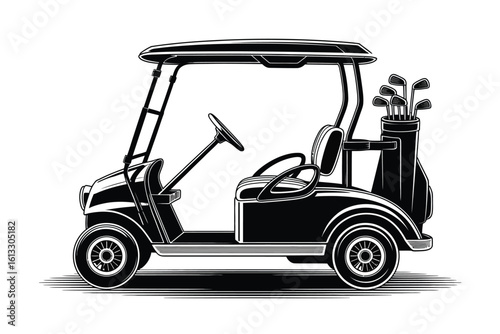 black golf cart with clubs on white clip art preview