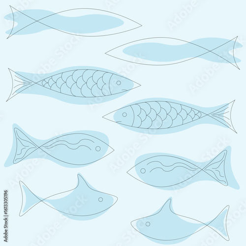 Vector set with fish on a blue background. Underwater world with sea creatures