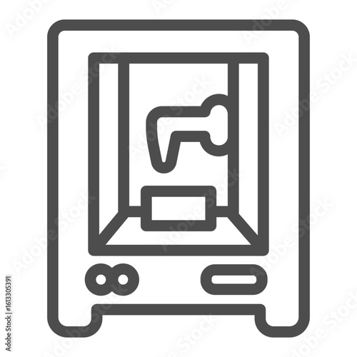 3D printer machine line icon, smart manufacturing concept, device print volumetric plastic objects sign on white background, outline style icon for mobile and web design. Vector graphics.