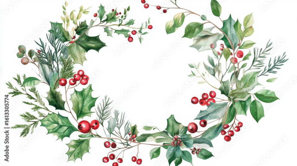 Fototapeta premium Christmas round wreath, variety of Christmas foliage, isolated on white background.