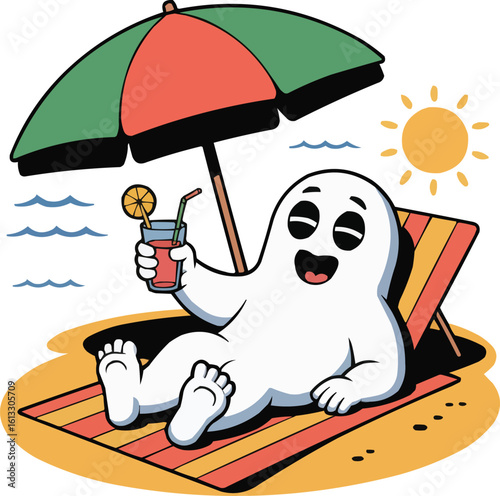 Relaxing Ghost Enjoying a Beach Vacation with a Cocktail Under an Umbrella
