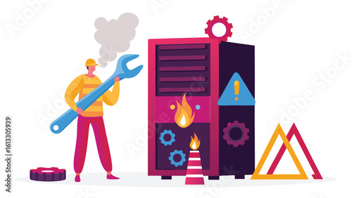 Man holding wrench near broken machine with smoke and fire and warning sign and gears around it