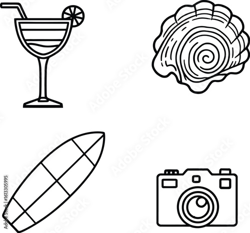 Beachside Essentials  Vector Icons of Cocktail, Seashell, Surfboard  Travel Camera in Monochrome