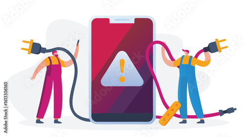 Illustration of repairmen fixing a phone with a warning sign and electrical plugs on either side