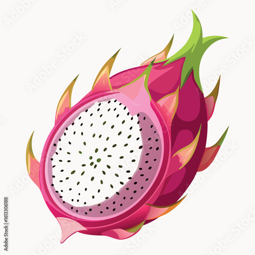 Vector art of a vibrant half of dragonfruit isolated on white background reveals its unique texture and tropical essence