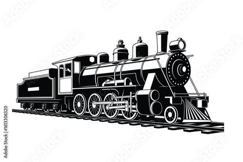 Vintage Steam Train Illustration in Black and White Line Art