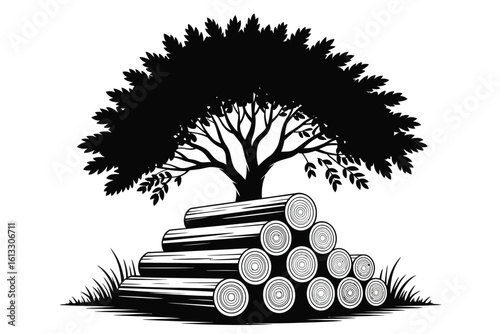 Monochrome Tree Silhouette with Stacked Logs and Grass Illustration