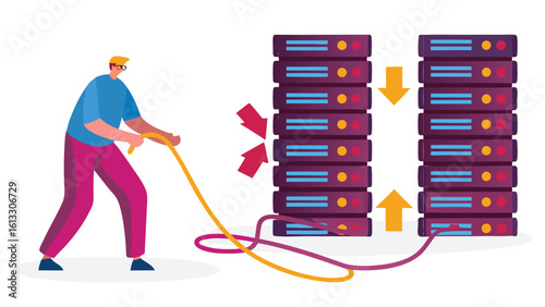 Man connecting servers with cable showing data transfer between two server stacks in a network system