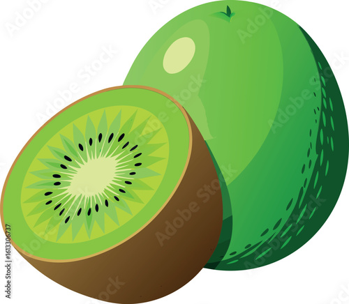 Vector art of a whole and halved kiwi fruit, showcasing its vibrant green flesh and tiny black seeds, isolated on white background