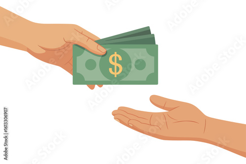 Cartoon illustration of money exchange with hand giving cash to another person vector graphic for financial transaction