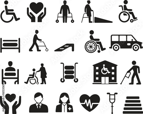 Healthcare and disability icons set. Accessibility, support, care, assistance vector illustration