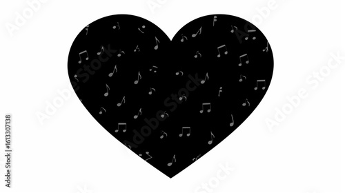 Black heart shape filled with scattered gray musical notes on a white background in a simple design silhouette