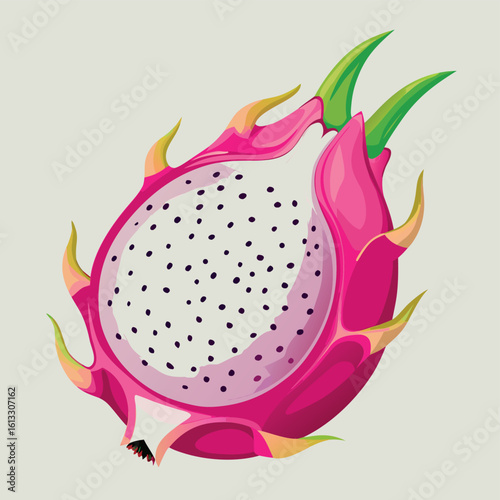 Vector art of a vibrant dragon fruit, halved to display its speckled flesh, isolated on white background, showcases exotic beauty