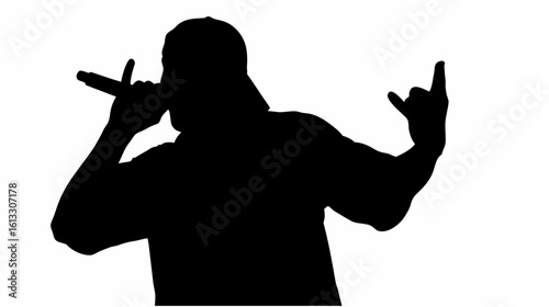 Silhouette of a rapper with a microphone in hand and wearing a cap performing on a white background stage