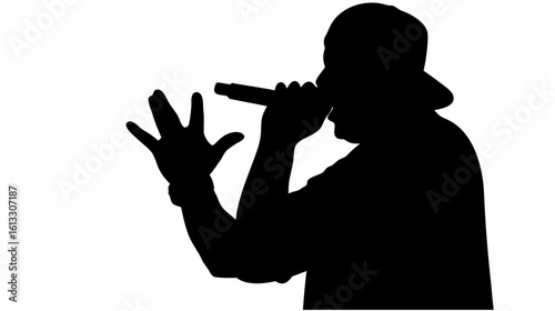Silhouette of a rapper with a cap holding a microphone and raising a hand with fingers extended out