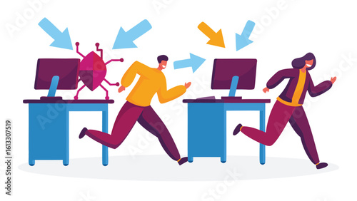 People running from computers with arrows and a virus attacking the system in a panic situation