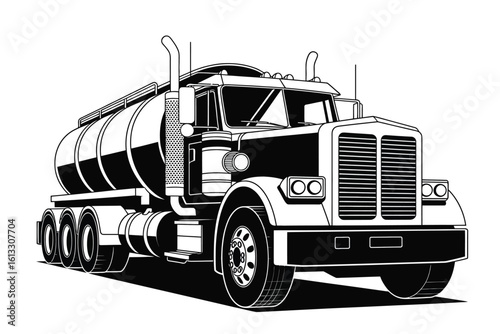 Illustration of a Black and White Tanker Truck on White