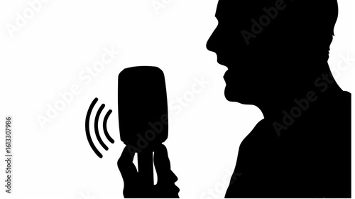 Silhouette of a person speaking into a microphone with sound waves emanating from the device shown clearly