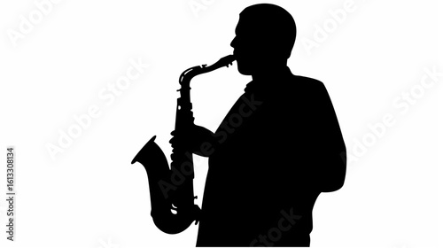 Silhouette of a musician playing a saxophone against a white background in a musical performance scene