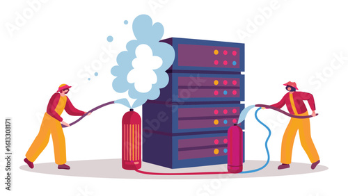 Two firefighters extinguishing server fire with extinguishers and hoses in a data center environment