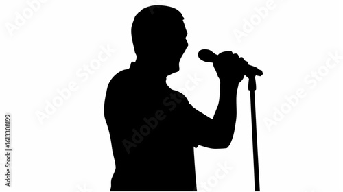 Silhouette of a man singing into a microphone on a stand with his mouth open against a white background