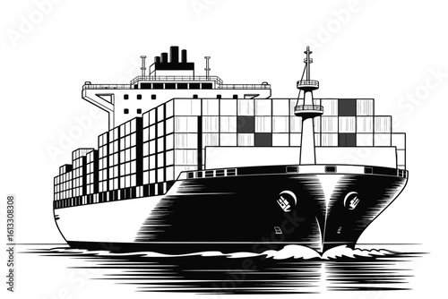 Black and White Illustration of a Container Ship at Sea
