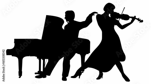 Silhouette of a pianist playing piano and a woman playing violin in elegant attire performing together