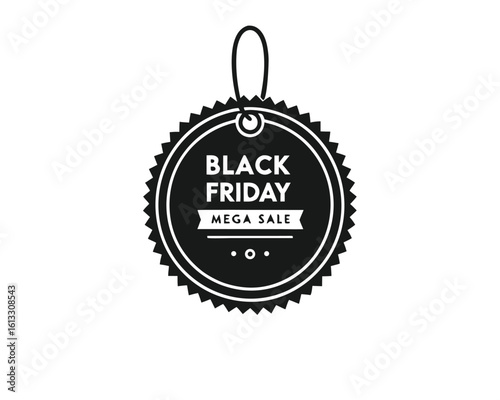 Monochrome Black Friday mega sale message is displayed within an ornate tag on white