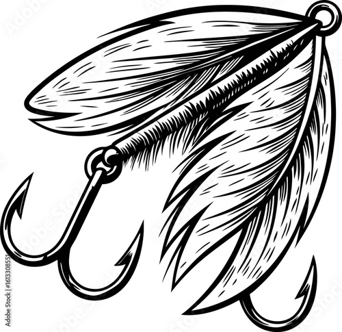 Vintage fishing lure with feather detail hand drawn illustration of double hook bait for angling equipment, retro